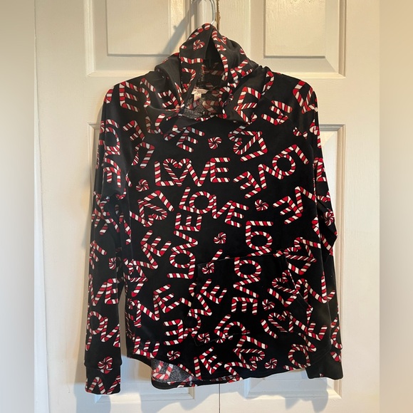 Black Velour Hoodie w Candy Cane LOVE ❤️ Print & Kangaroo Pocket - Picture 1 of 5